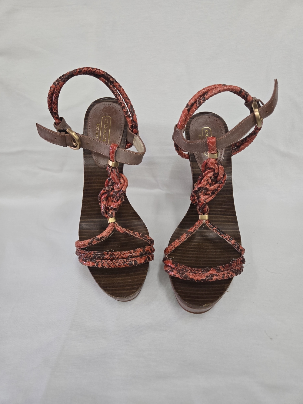 COACH Red Braided T-Strap Sandals with Brown Footbed